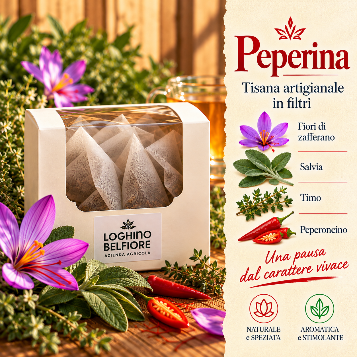 PEPERINA – Tisana artigianale con fiori di zafferano, salvia, timo e peperoncino