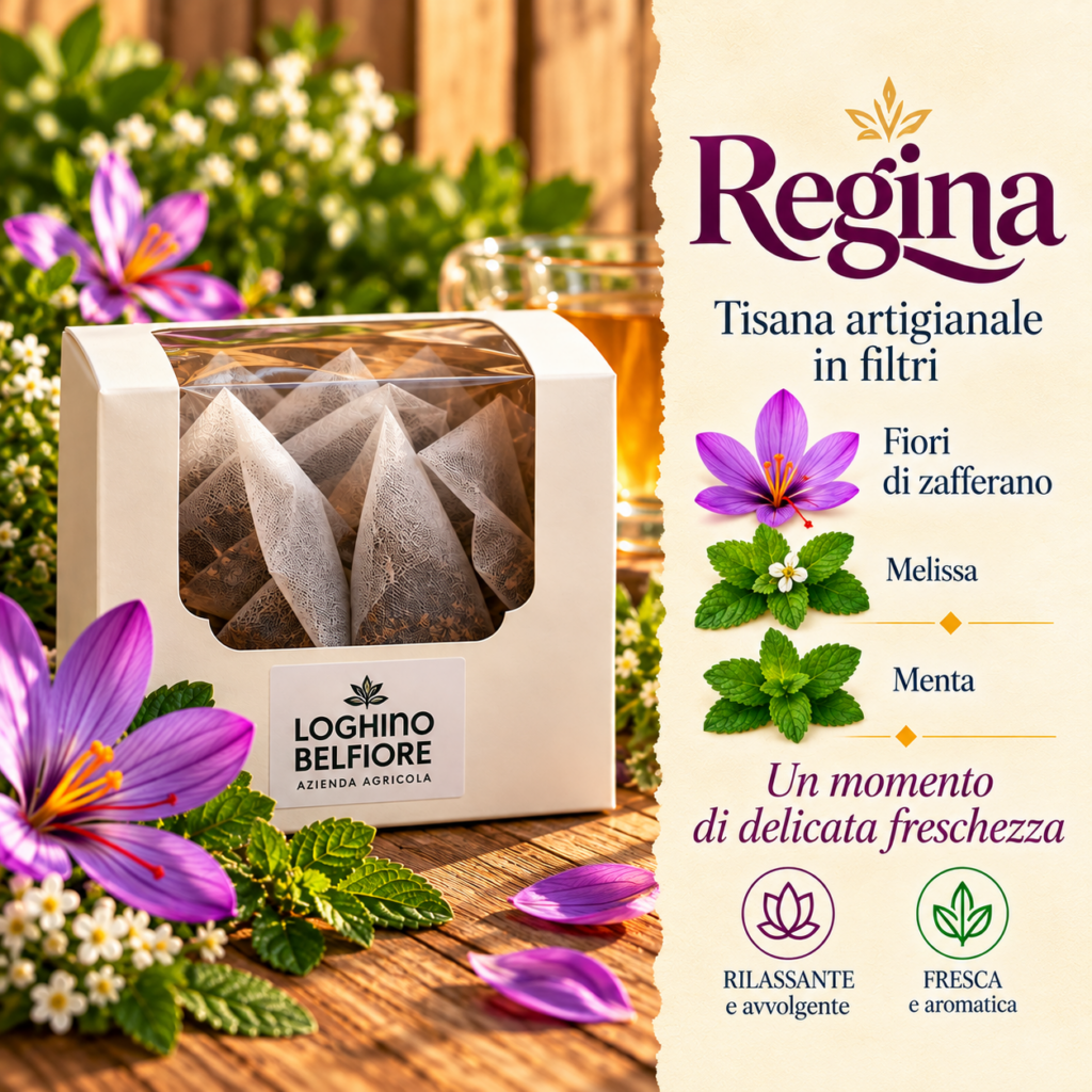 REGINA – Tisana artigianale con fiori di zafferano, melissa e menta